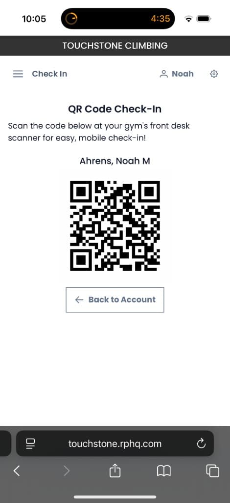 Current Touchstone QR code check-in page on mobile