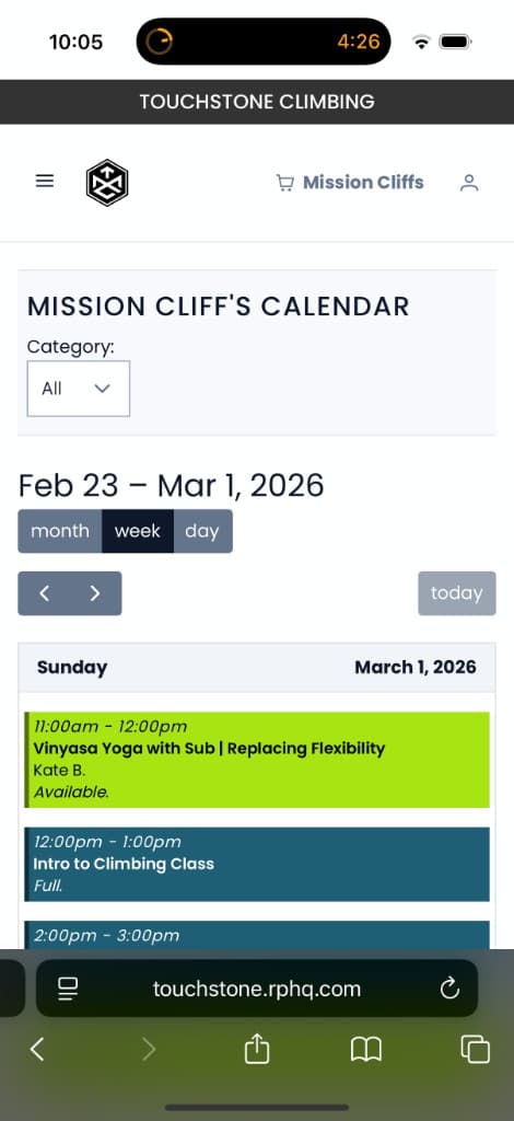 Current Touchstone Mission Cliffs calendar on mobile