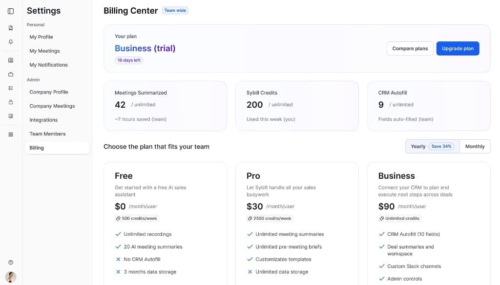 Billing Center — plan overview, usage stats, and plan comparison