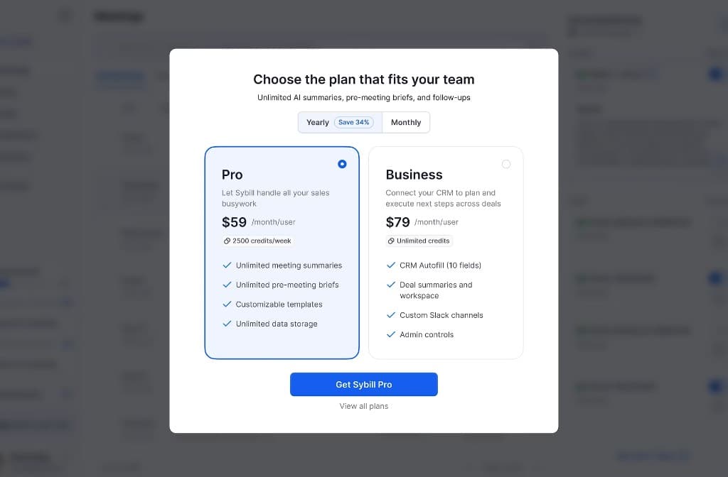 Choose plan modal — Pro vs Business with yearly or monthly billing