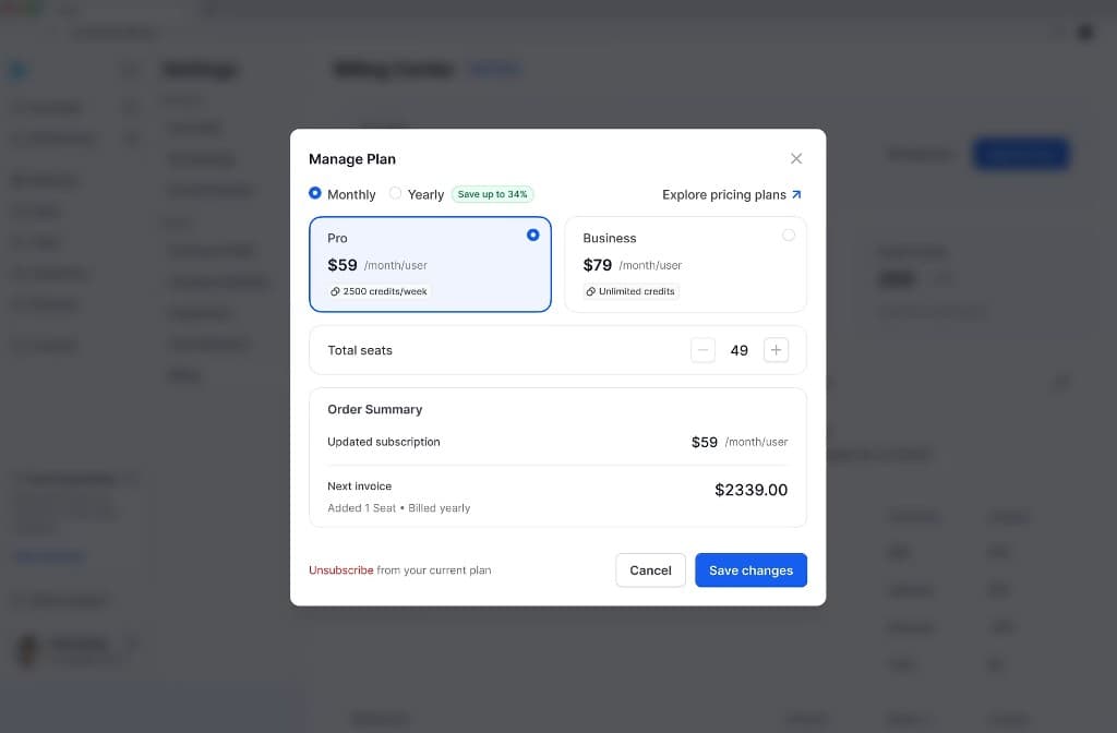 Manage Plan modal — billing period, seats, and order summary