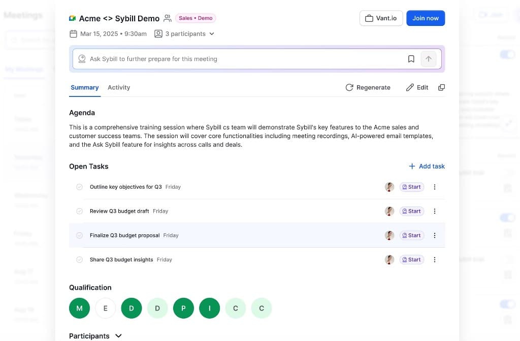 Meeting detail with Open Tasks — agenda, tasks, qualification