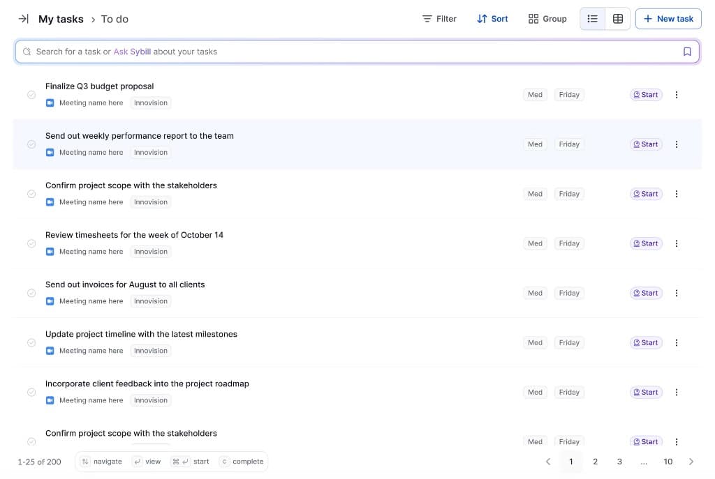 My tasks To do list — search, filter, sort, task list with Start